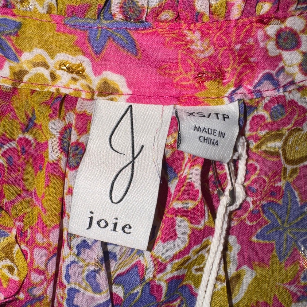 Joie Pink Floral Smocked Waist Blouse Metallic Gold Accents XS 1259453 - Picture 3 of 11